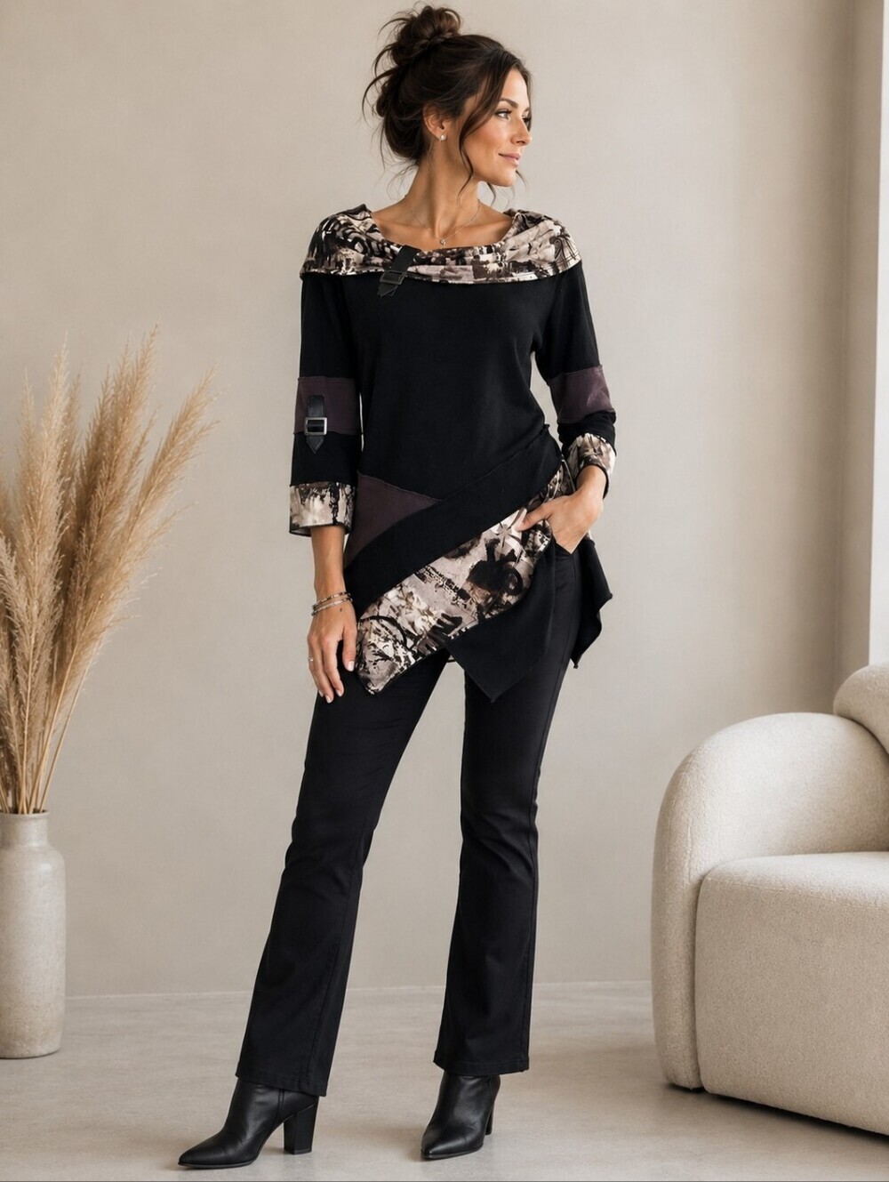 Bali Mixed Media Asymmetrical Tunic Top Black Abstract Faux Leather Trim M - Picture 11 of 12
